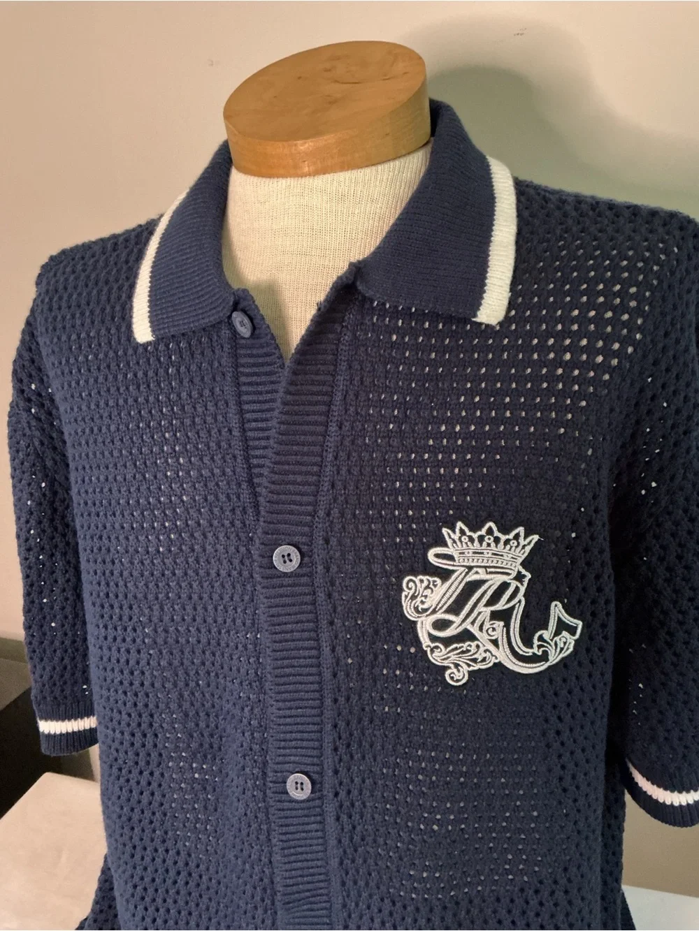 True Religion Navy Open-Knit Polo Cardigan Shirt with White Trim